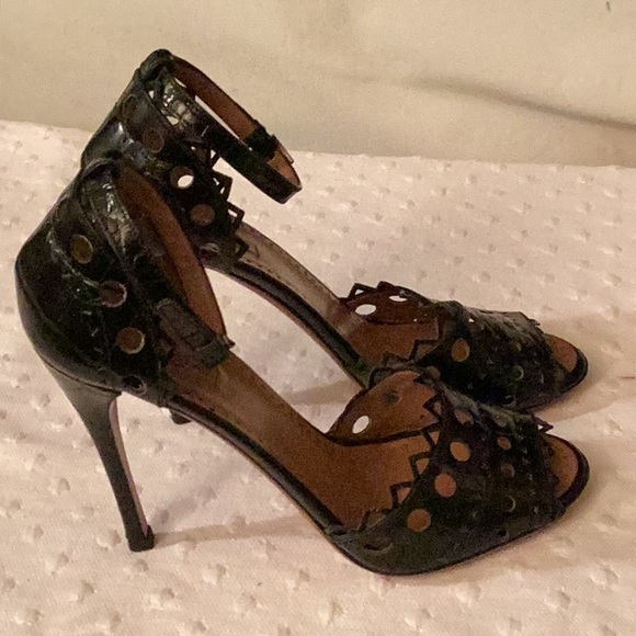 Alaina Paris black laser cut stiletto heels ankle straps leather sandals #37/7 M - Picture 7 of 11